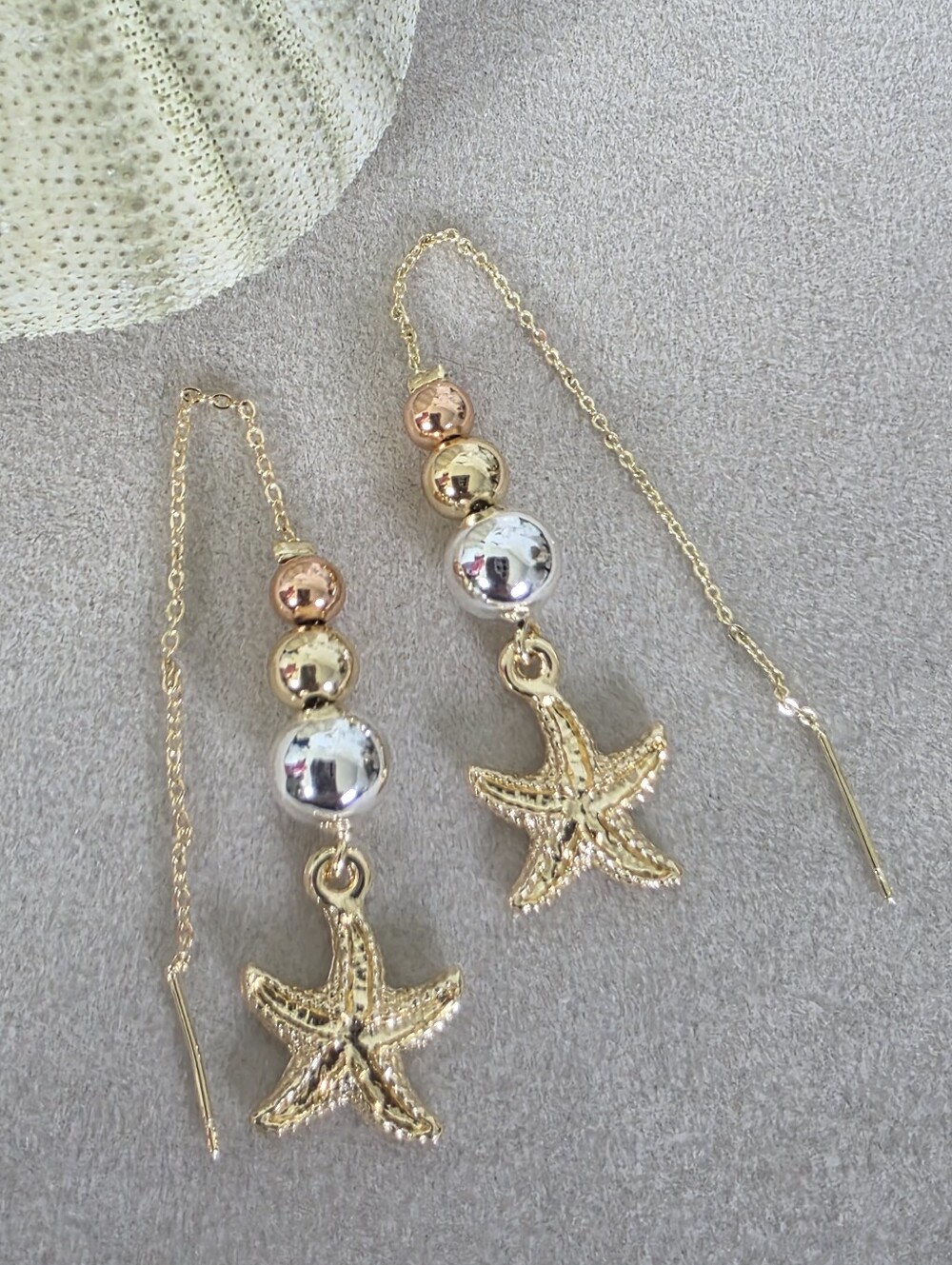 Gold Filled Tricolor Bead Starfish Drop Threader Earrings Mermaid Coastal